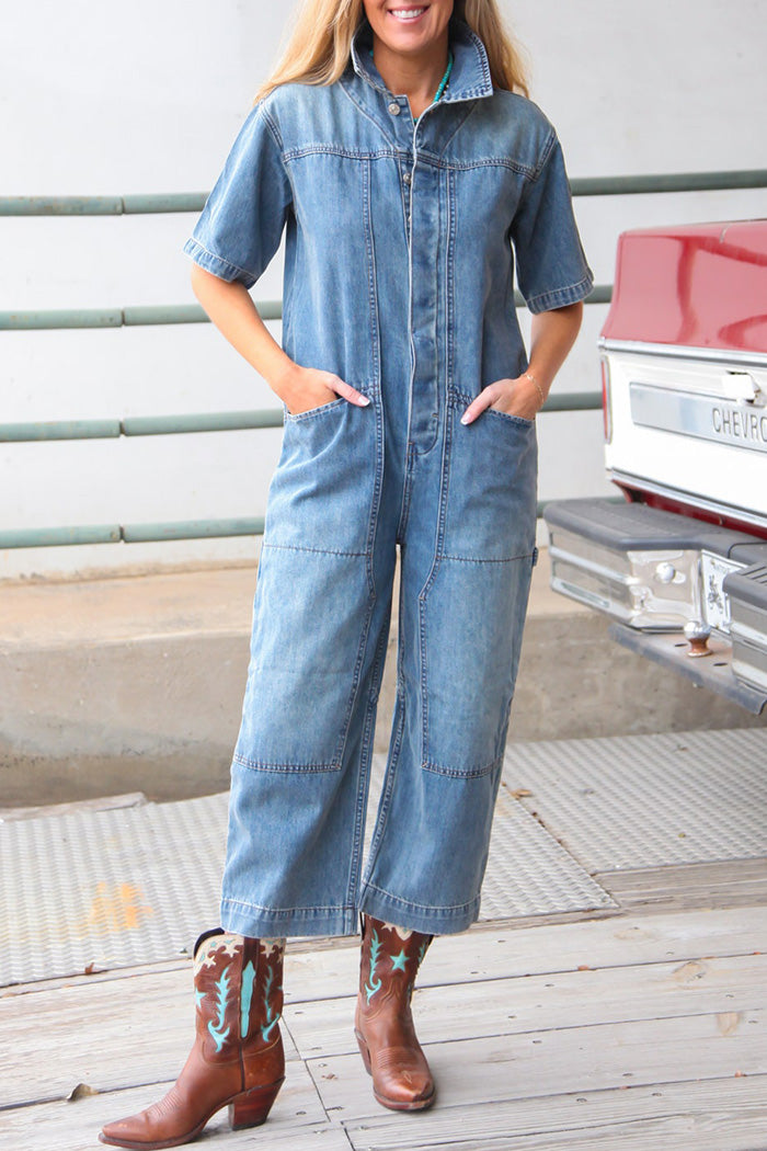 Denim Zip Neck Pocketed Jumpsuit