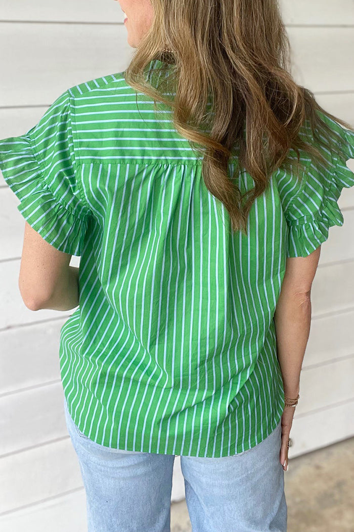 Green Stripe Ruffle Neck Flutter Sleeve Top