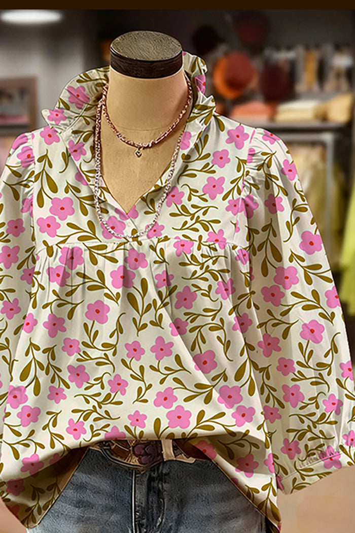 Pink Floral Print Ruffled V-Neck Puff-Sleeve Blouse