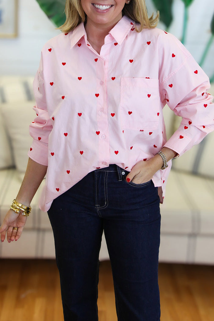 Heart Print Button Down Shirt