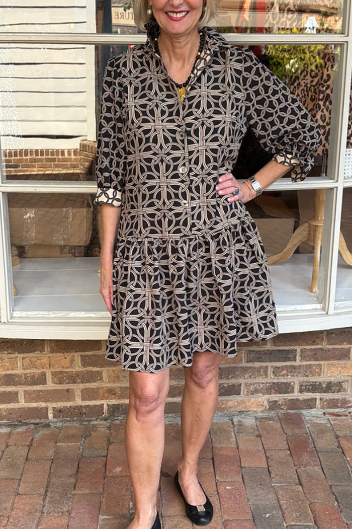 Geometric Pattern Ruffles Hem Dress