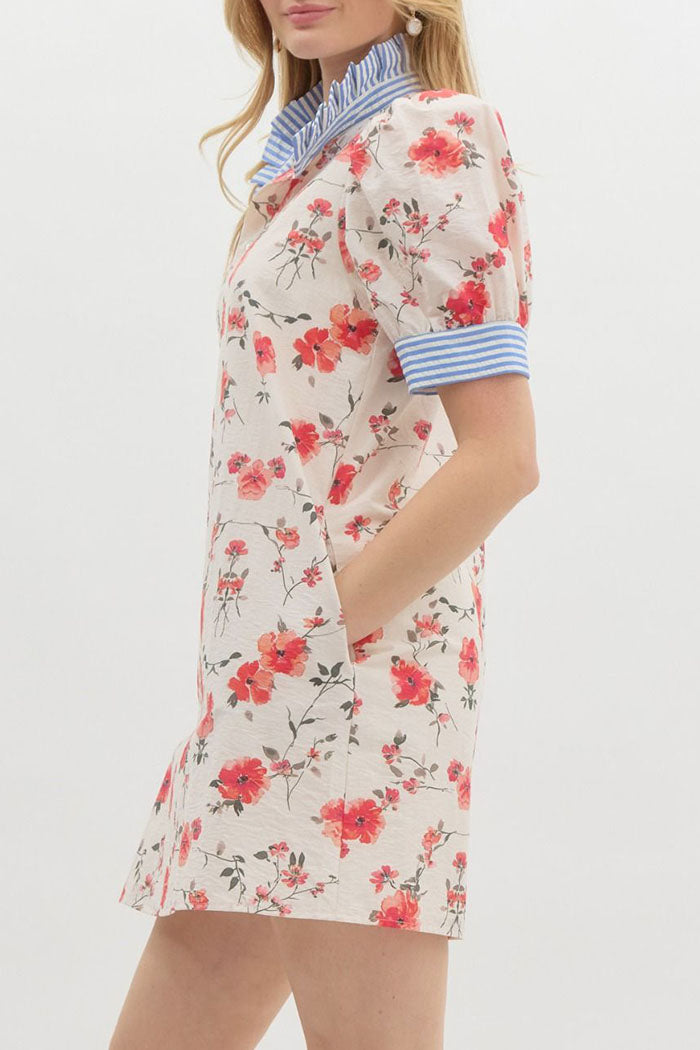 Striped Collar Floral Pocket Dress