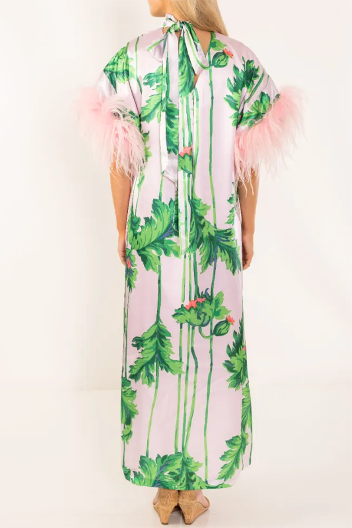 Pink Feather Print Caftan Maxi Dress