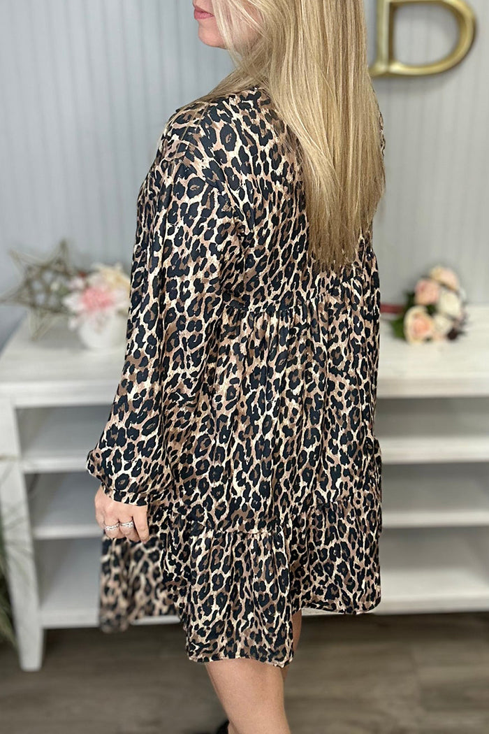 Casual Leopard Collared Ruffle Bottom Dress