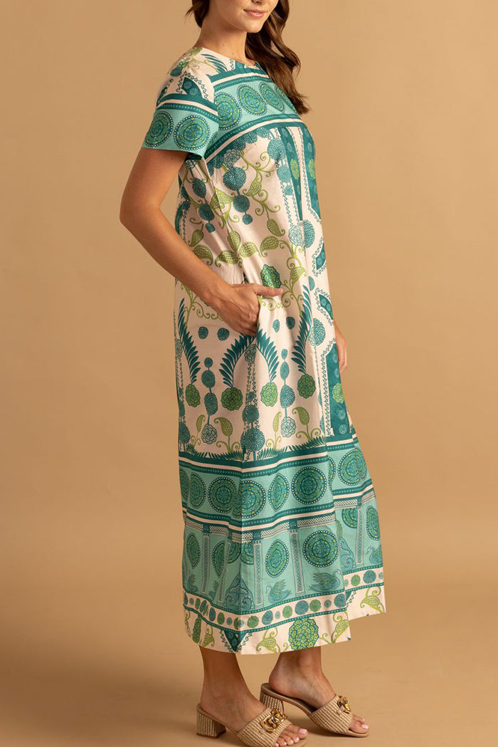 Short Sleeve Printed Pocket Midi Dress