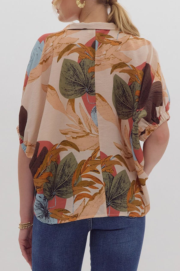 Tropical Patterned Dolman Sleeve Leaf Top