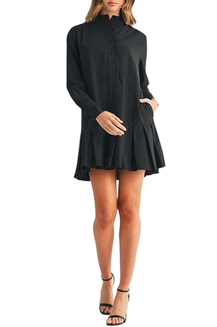 Pleated Hem Pocket Mini Shirt Dress