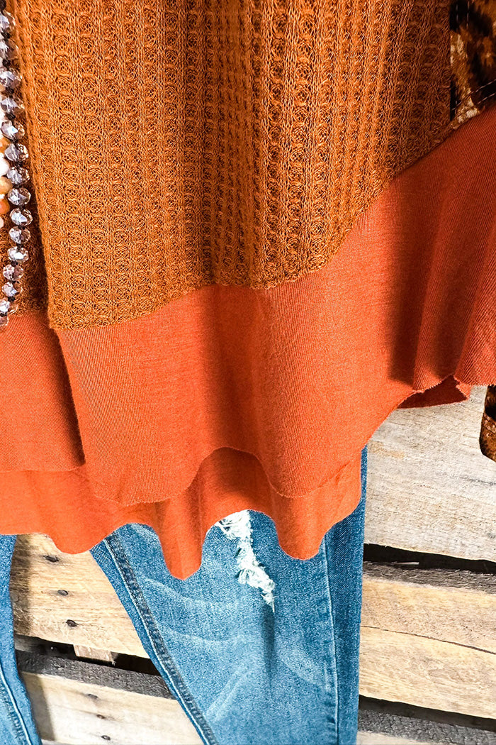 Oversized Knit Leopard Patchwork Ruffle Tunic