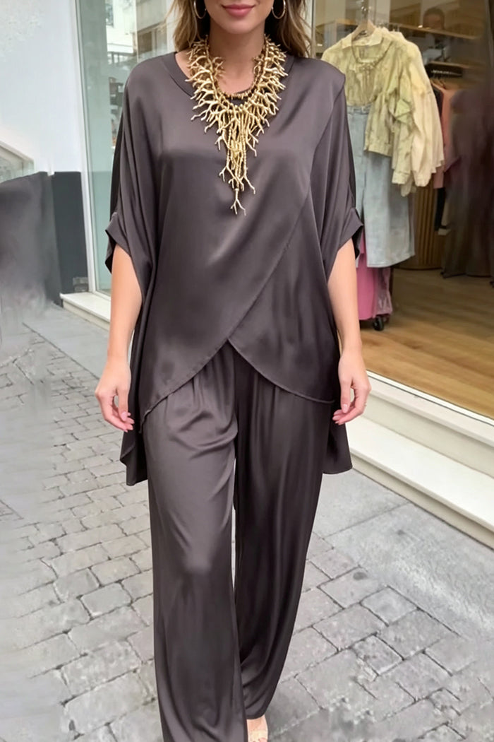 Casual Wavy Hem Top Lace Hem Pants Set