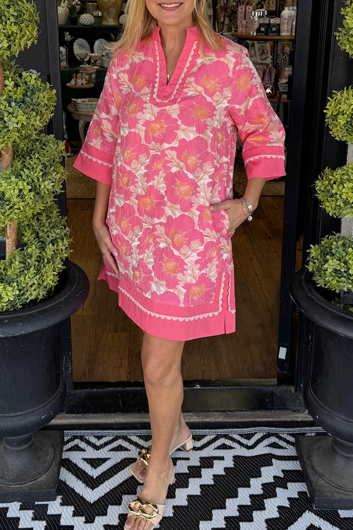 Casual Floral Scallop Trim Tunic Dress