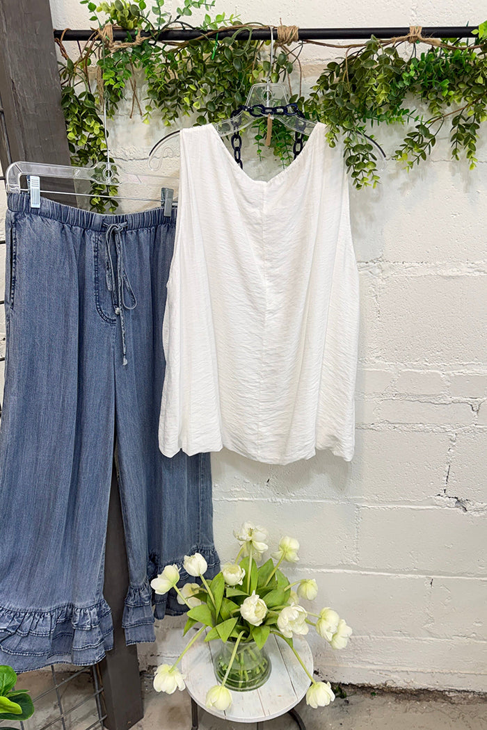 White Sleeveless Tank & Denim Ruffle Hem Wide Leg Pants Two Piece Set