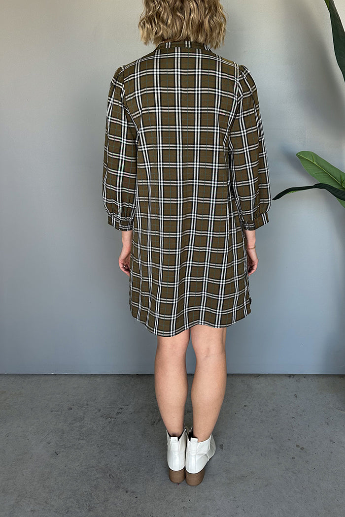 Plaid V-Neck Puff-Sleeve Pocketed Mini Dress