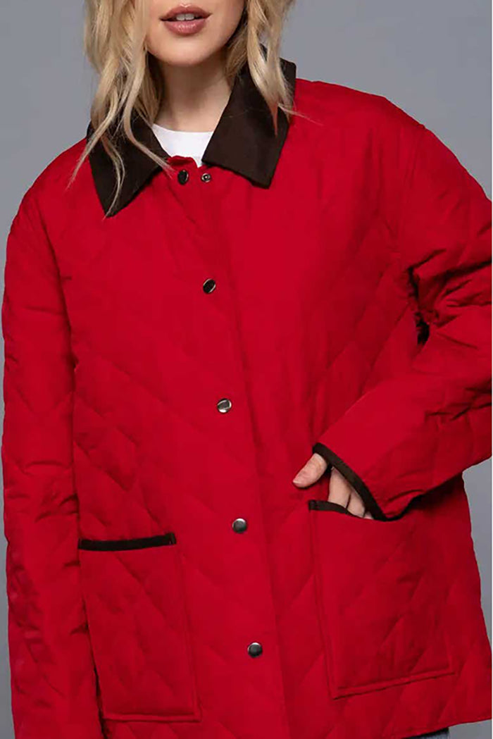 Contrast Lapel Collar Detail Quilted Puffer Pocket Jacket