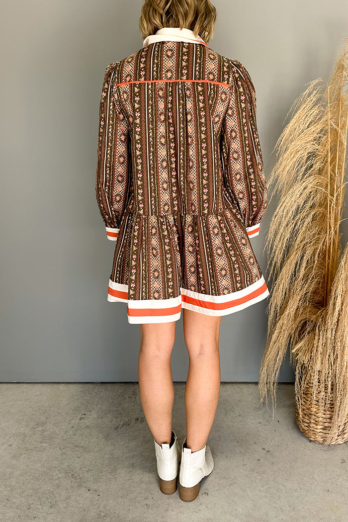 Bohemian Striped Pattern Shirt Collar Mini Dress