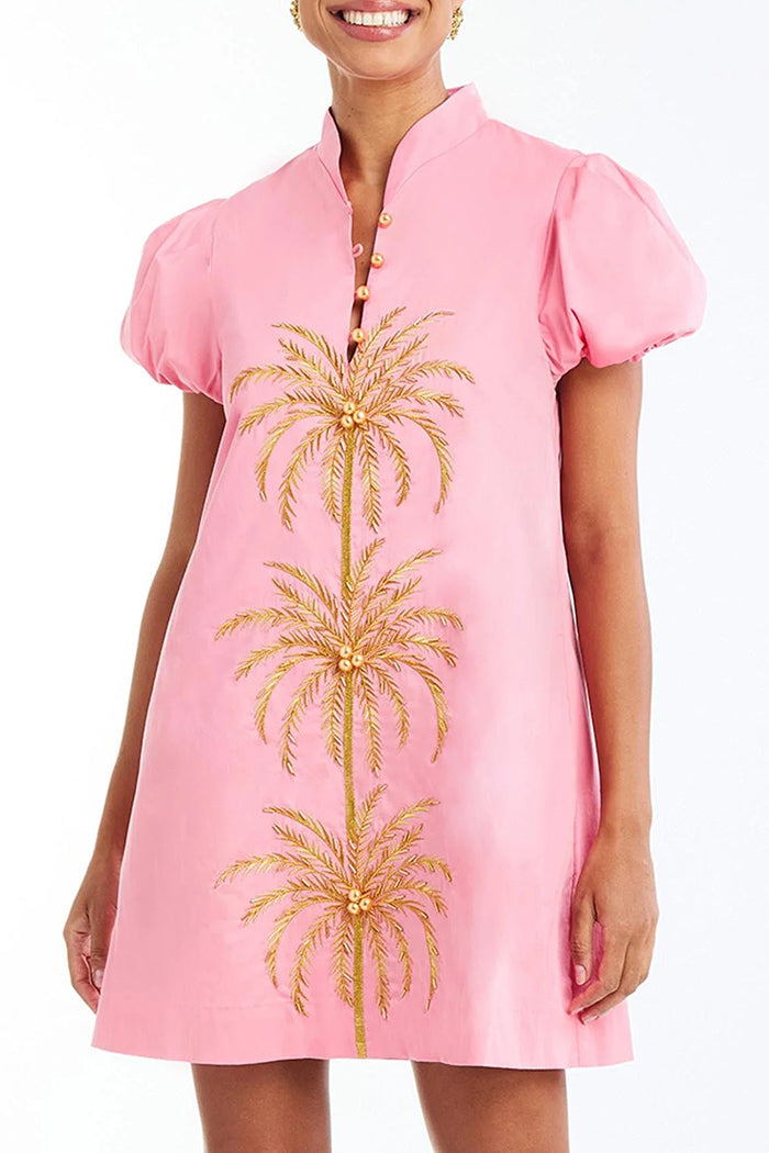 Mandarin Collar Palm Tree Embroidered Dress