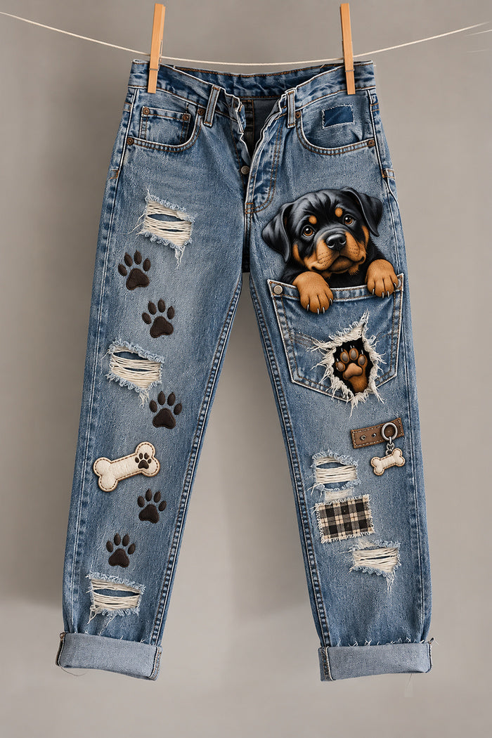 Rottweiler Puppy Distressed Pocket Jeans