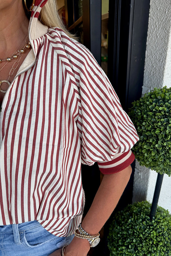 Casual Striped Half-Zipper Top