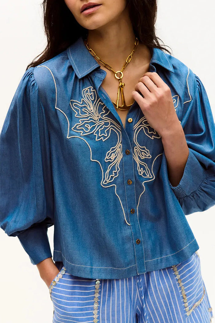 Denim Embroidered Puff Sleeve Top