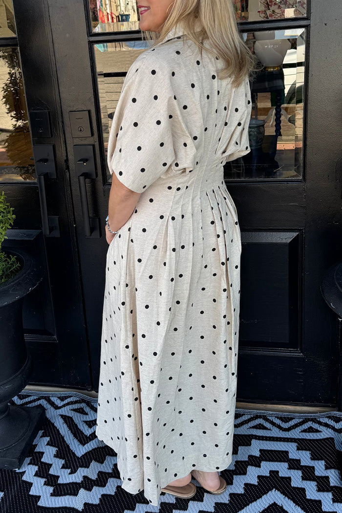 Fitted Waist Polka Dot Pocketed Shirt Dress