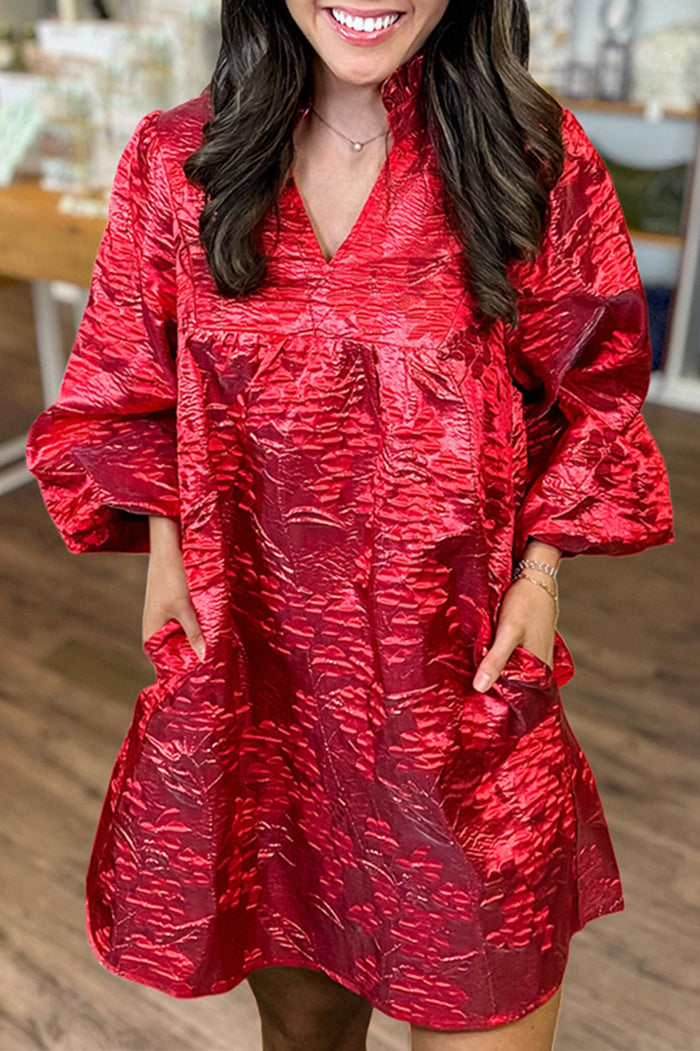 Floral Jacquard Puff Sleeve Dress