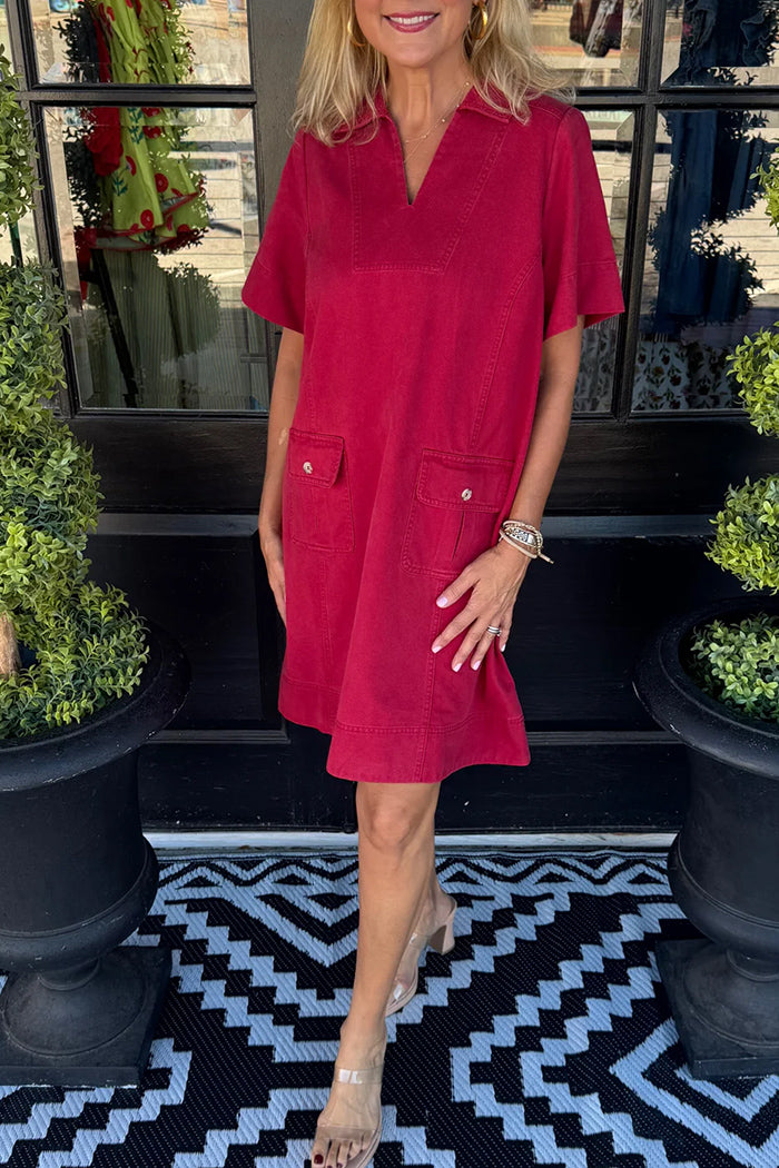Red Collared Short Sleeve Pocket Shift Dress