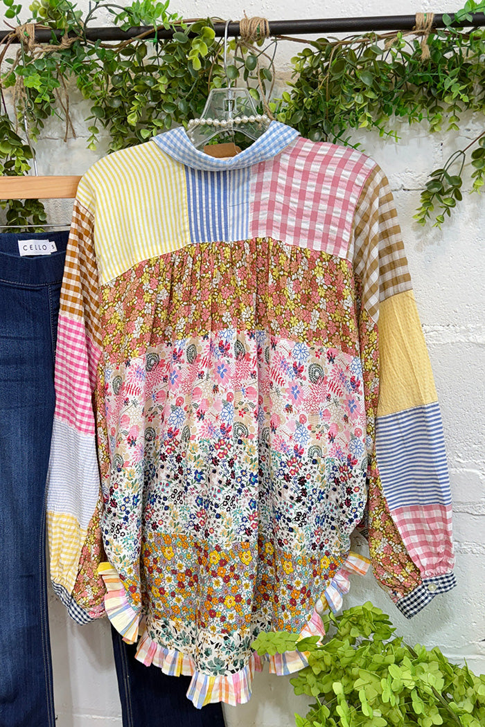Mixed Print Patchwork Gingham Top