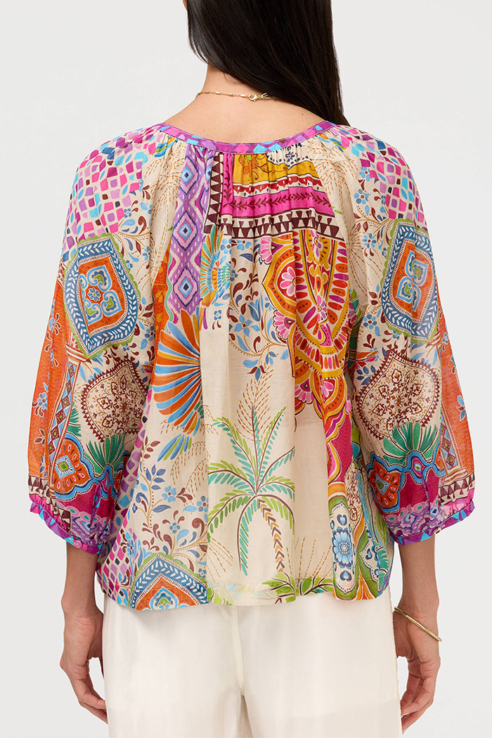 Boho Patchwork Paisley Raglan Elbow Sleeve Casual Top