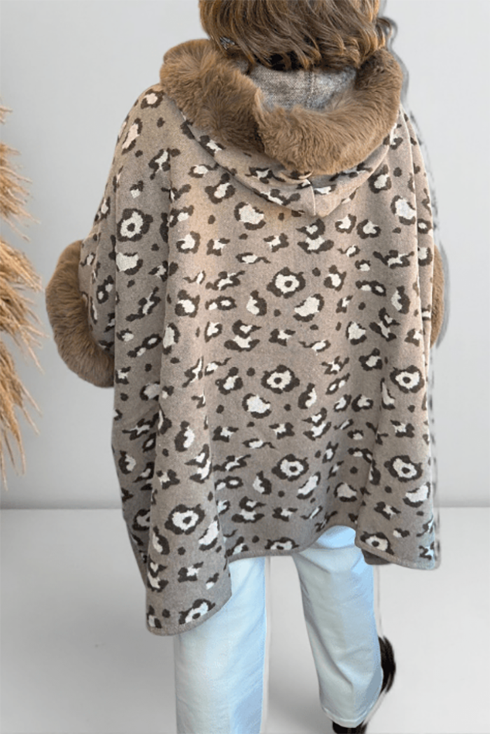 Leopard Print Faux Fur Trim Jacket