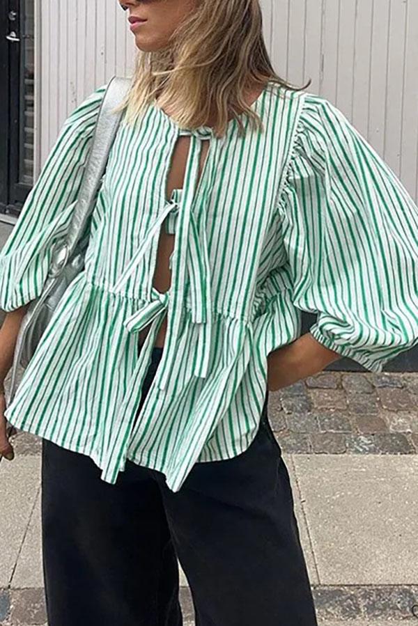 Striped Trumpet Sleeve Lace-Up Top