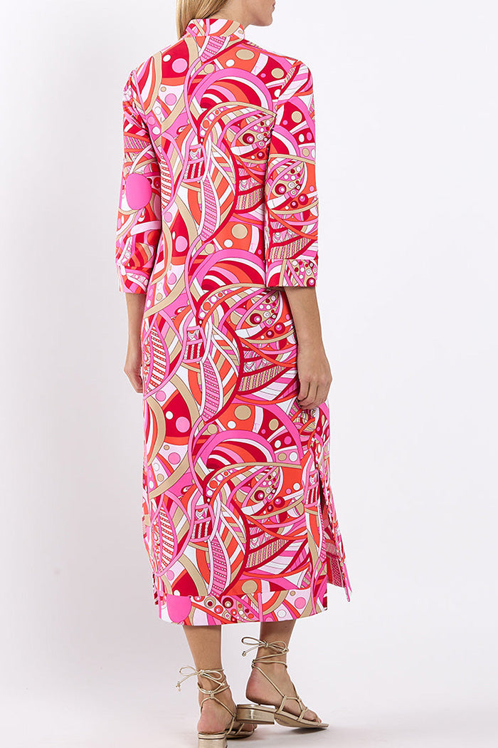 3/4 Sleeve Pink Abstract Midi Dress