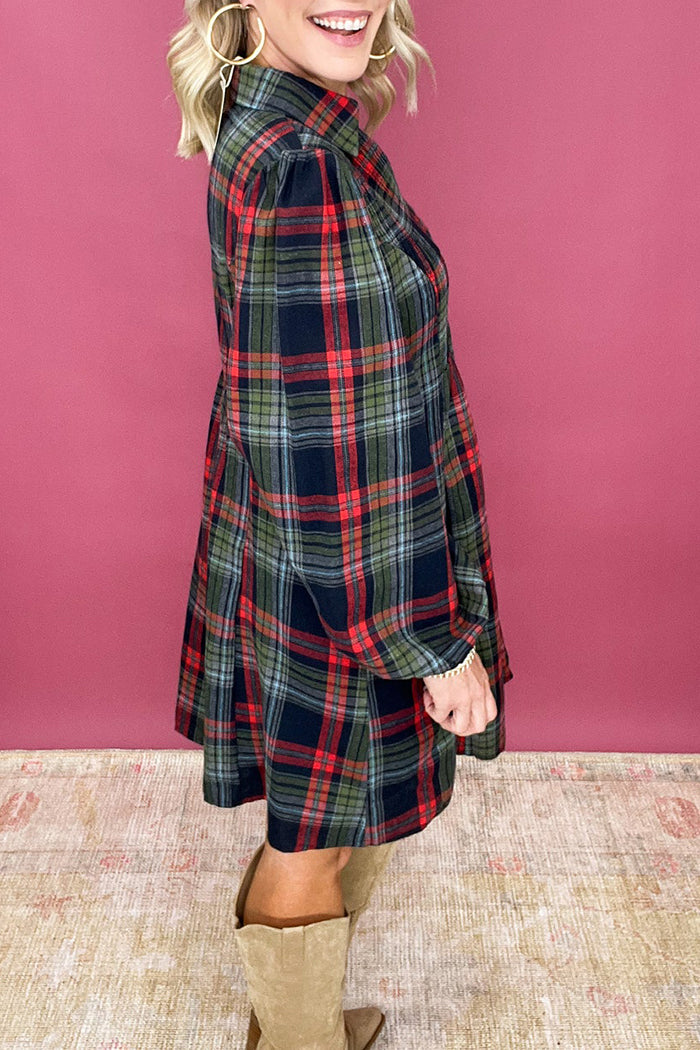 V-Neck Waist-Cinched Plaid Dress
