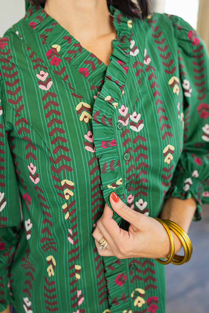 Floral Vine Print Ruffled Smocked Cuff Top