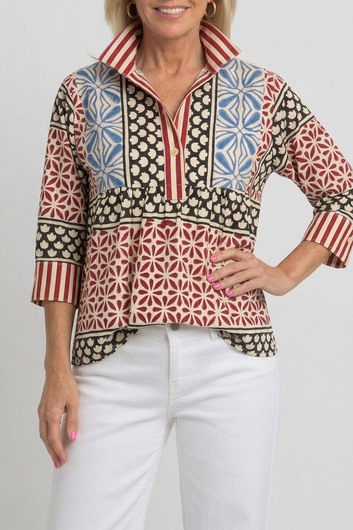 Multi Print Striped Collar Shirt
