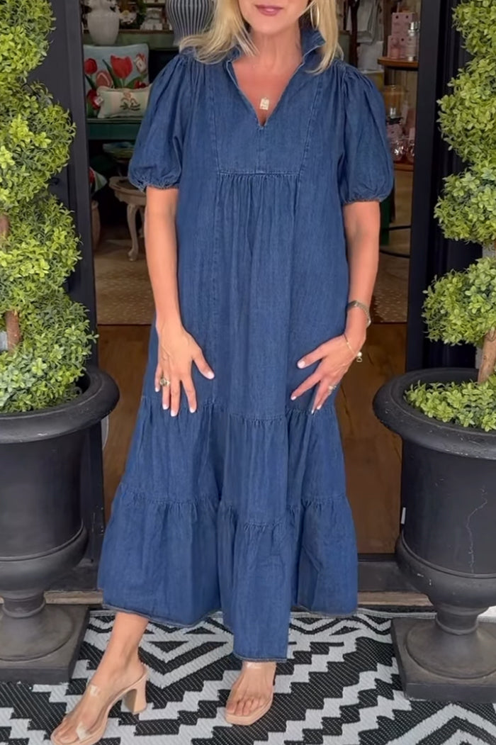Puff Sleeve Tiered Denim Pocket Maxi Dress
