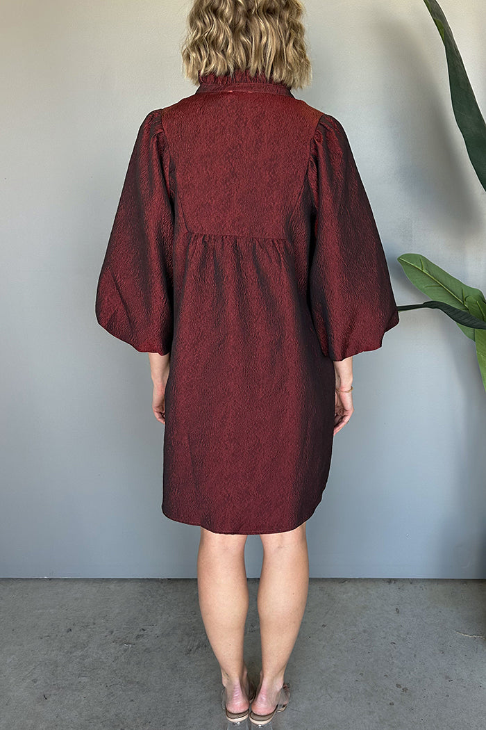 Burgundy V-Neck Puff-Sleeve Mini Dress