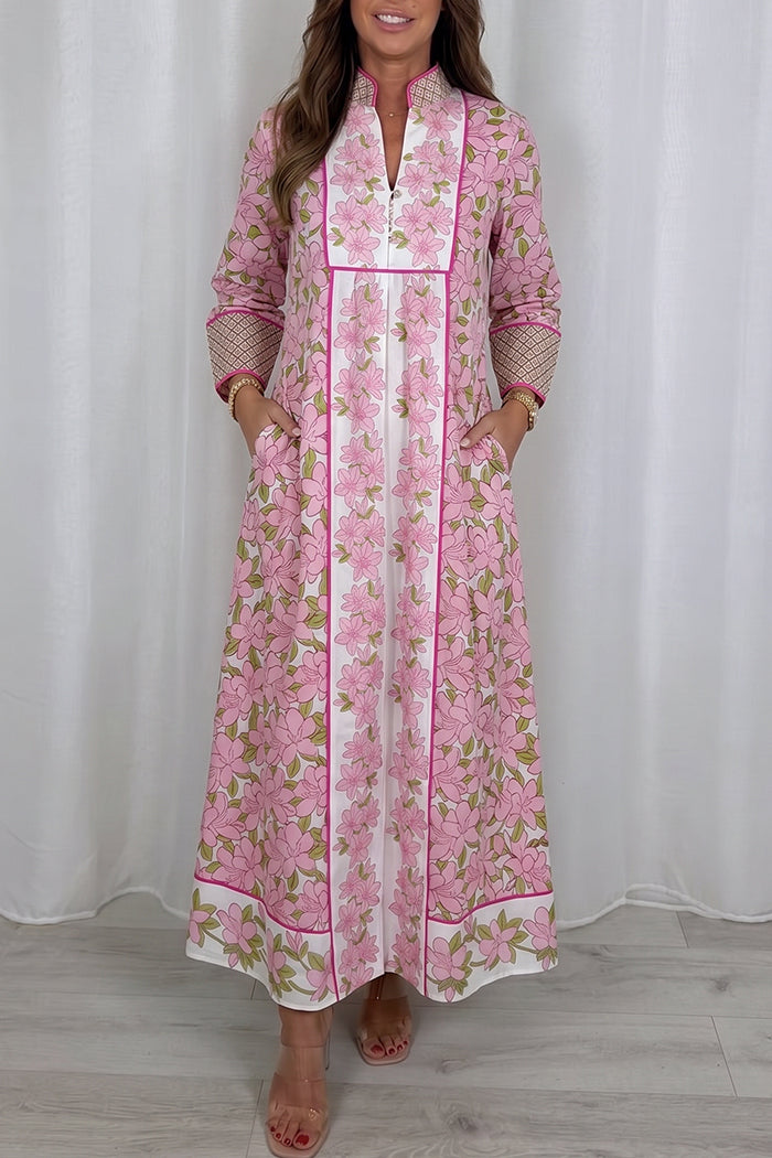 Light Pink Long Sleeve Floral Pocket Maxi Dress