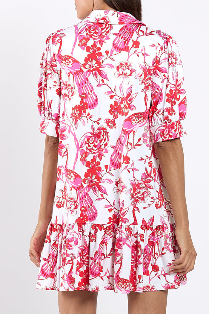 Floral Puffed Sleeve Ruffled Pocket Dress