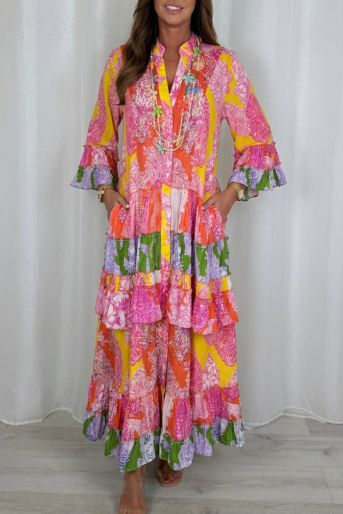 Pink Multi Tiered Ruffle Sleeve Maxi Dress