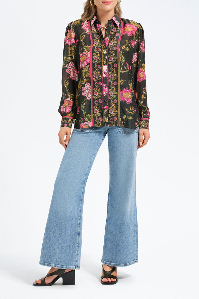 Vine Floral Print Stripe Trim Top