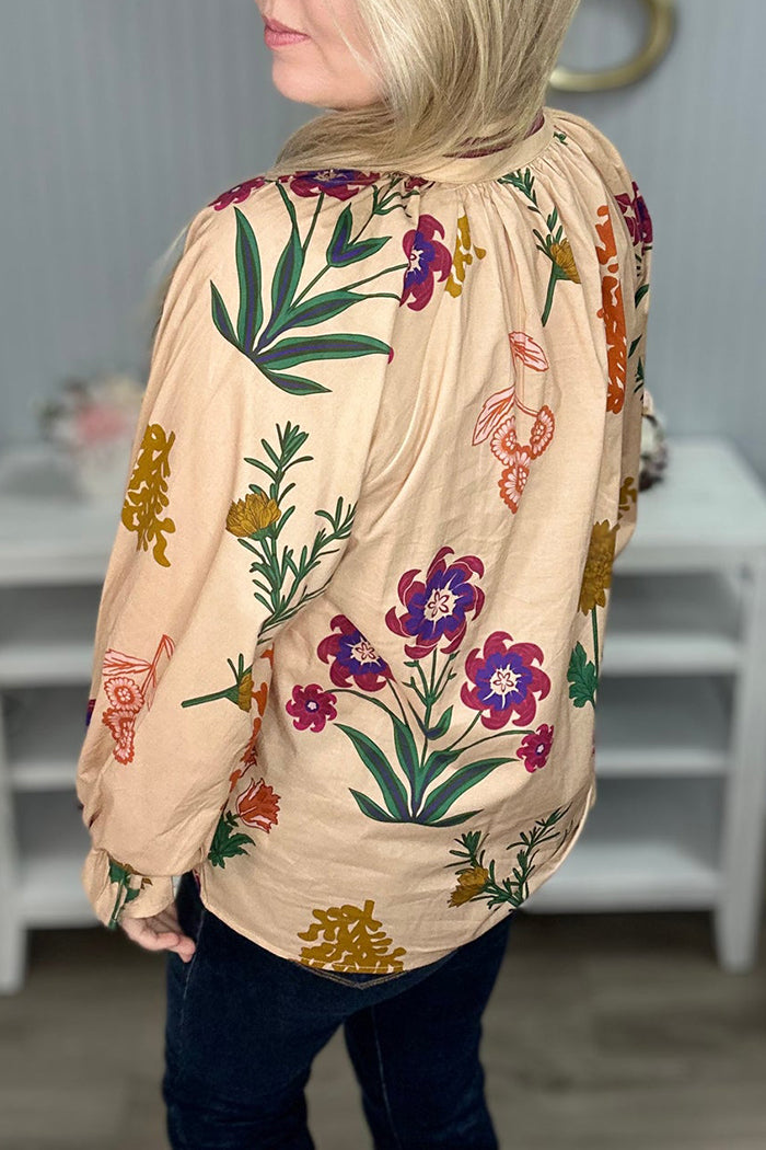 V-Neck Wildflower Gather Sleeve Top