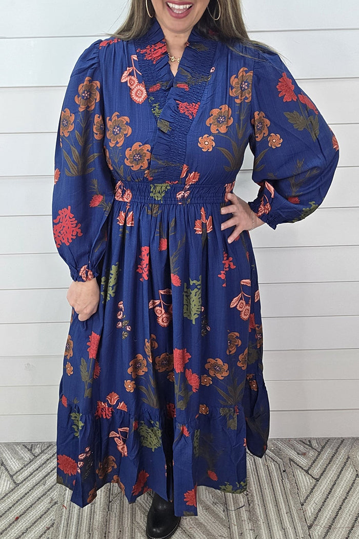 Floral Elastic Waist V Neck Long Dress