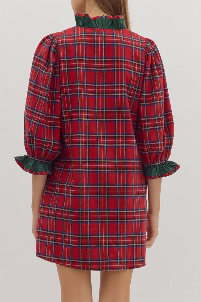 Holiday Ruffled-Neck Pocketed Button-Front Plaid Mini Dress