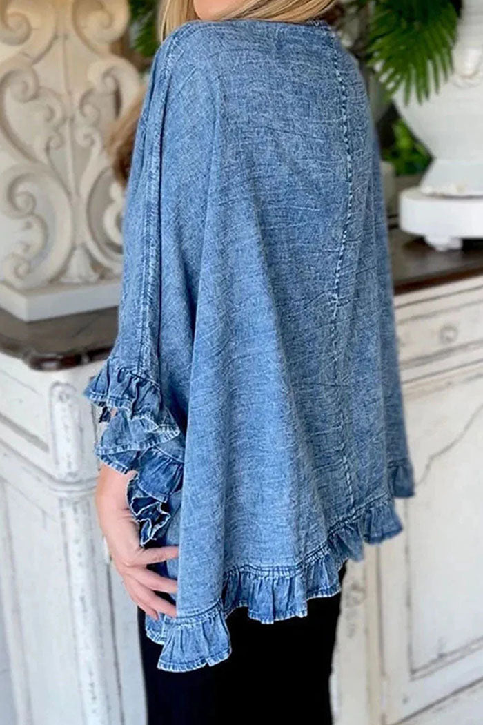 Ruffled 3/4 Sleeve Denim Jacket