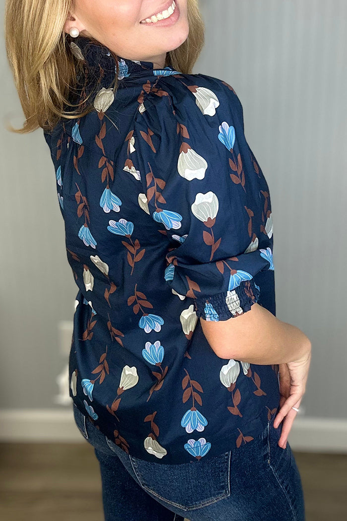 Flower Pattern Ruffle Front 3/4 Top
