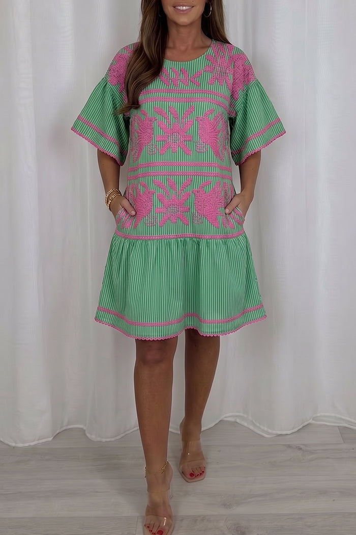 Striped Pocket Ruffled Hem Dress