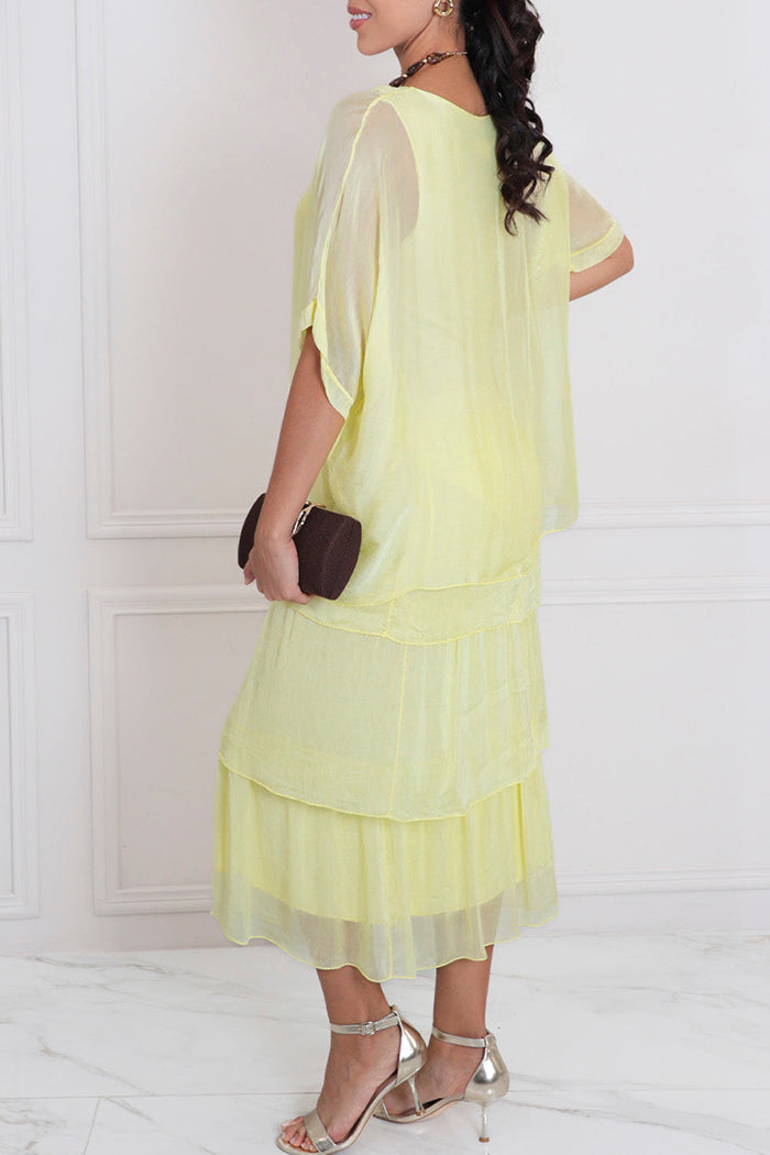 Round Neck Batwing Sleeve Tiered Ruffle Maxi Dress
