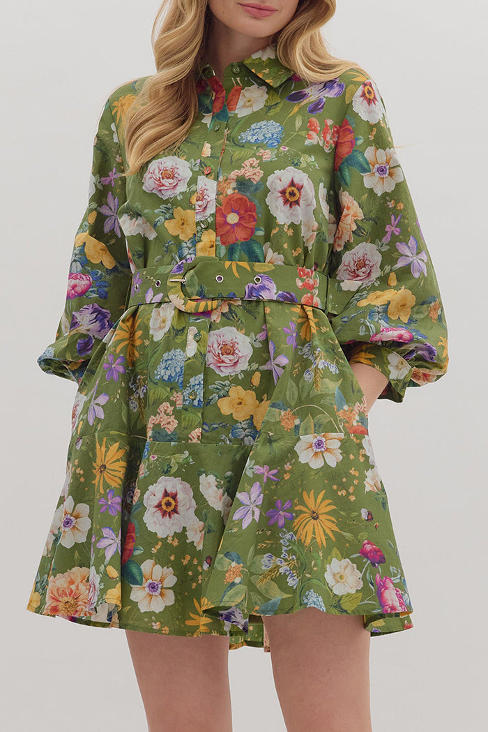 Olive Green Floral Belted Pockets Dress