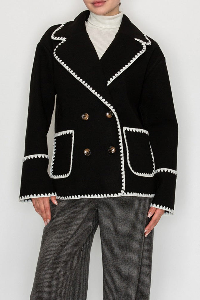 Pocketed Contrast Trim Double Button Jacket
