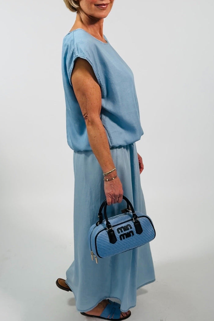 Denim Gathered Waist Cap Sleeve Maxi Dress
