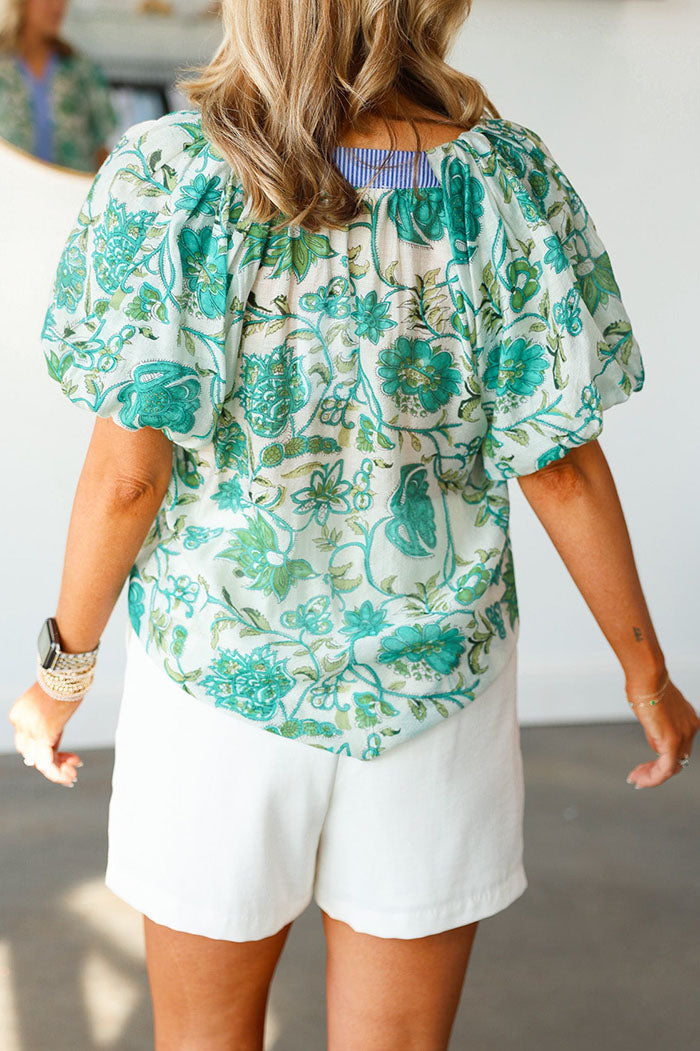 Stripe Trim Floral Puff Sleeve Top